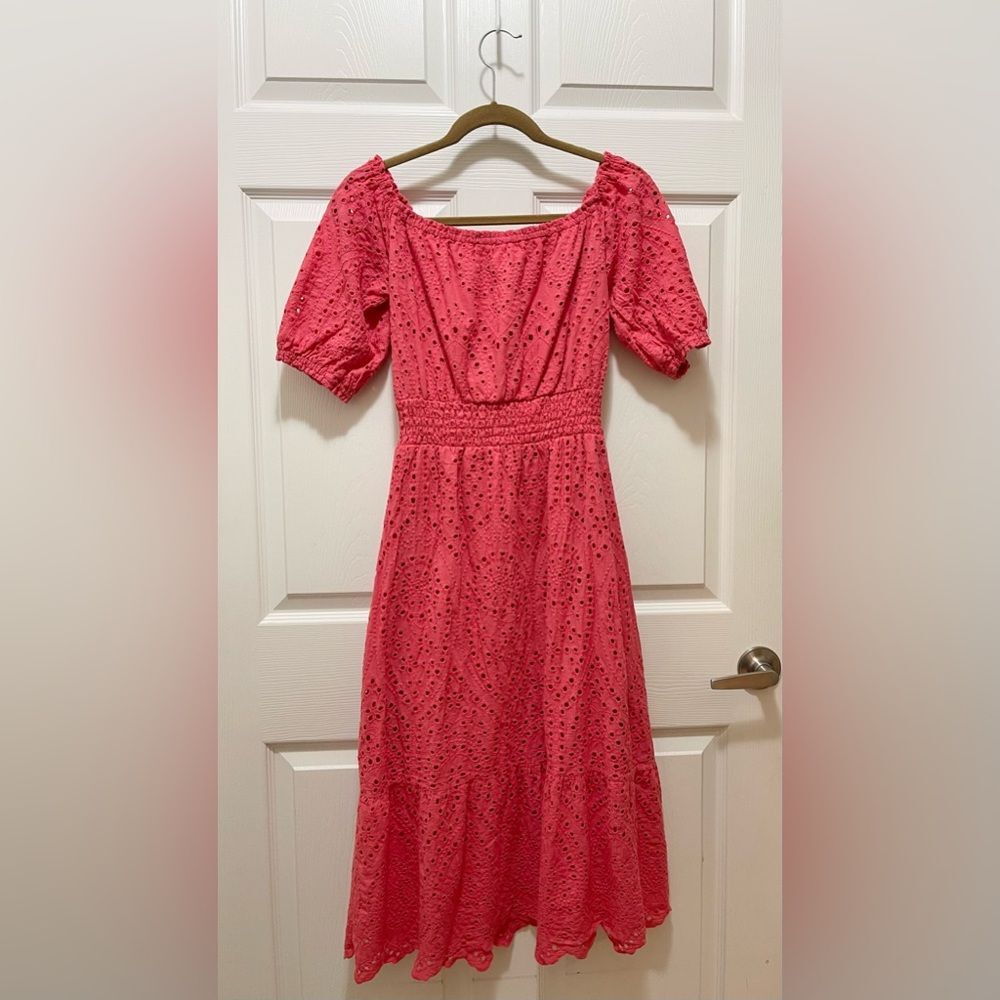 Betsey Johnson Dress Eyelet Puff Sleeves Off Shoulder Hot Pink Size S